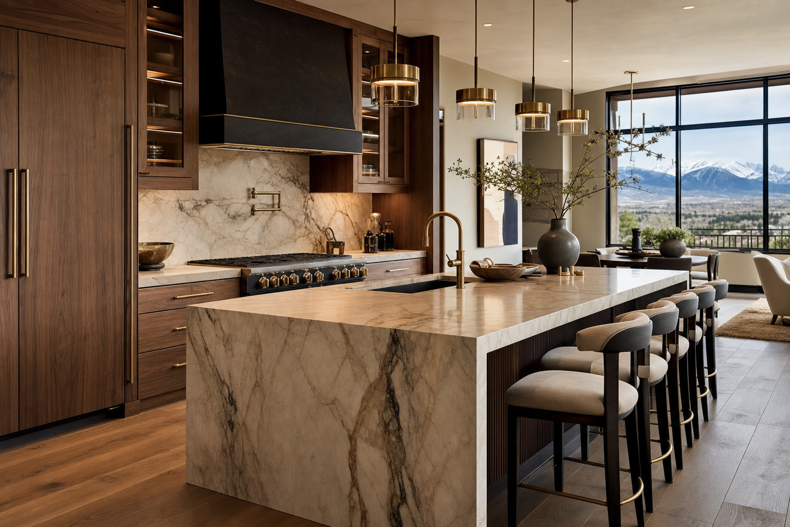 Luxury remodeled kitchen with marble waterfall island and brass fixtures in a Denver home