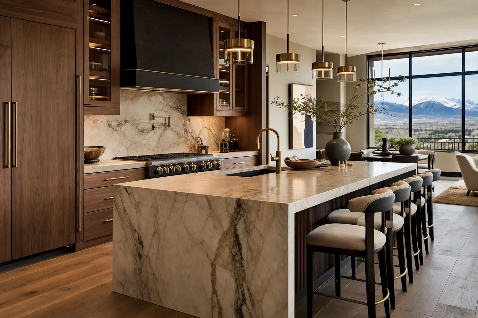 Luxury remodeled kitchen with marble waterfall island and brass fixtures in a Denver home